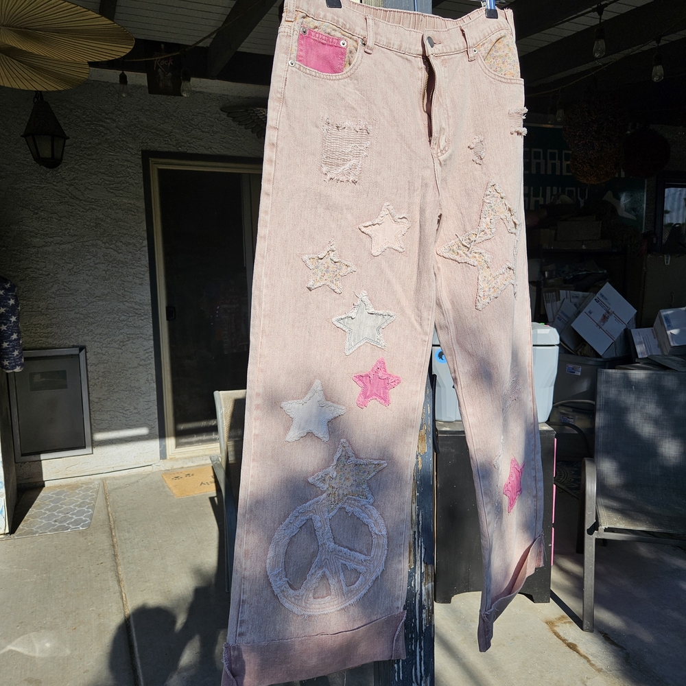 Pink Star and Peace Sign Embellished Jeans